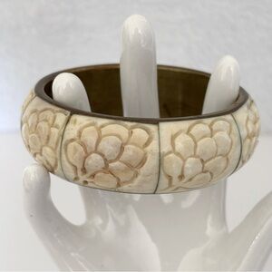 Vintage Brass and Bone Bangle Bracelet Boho Engraved
